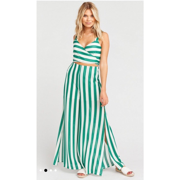SHOW ME YOUR MUMU | Wide Leg Slit Hem Pants Green & White NWT - Picture 2 of 5